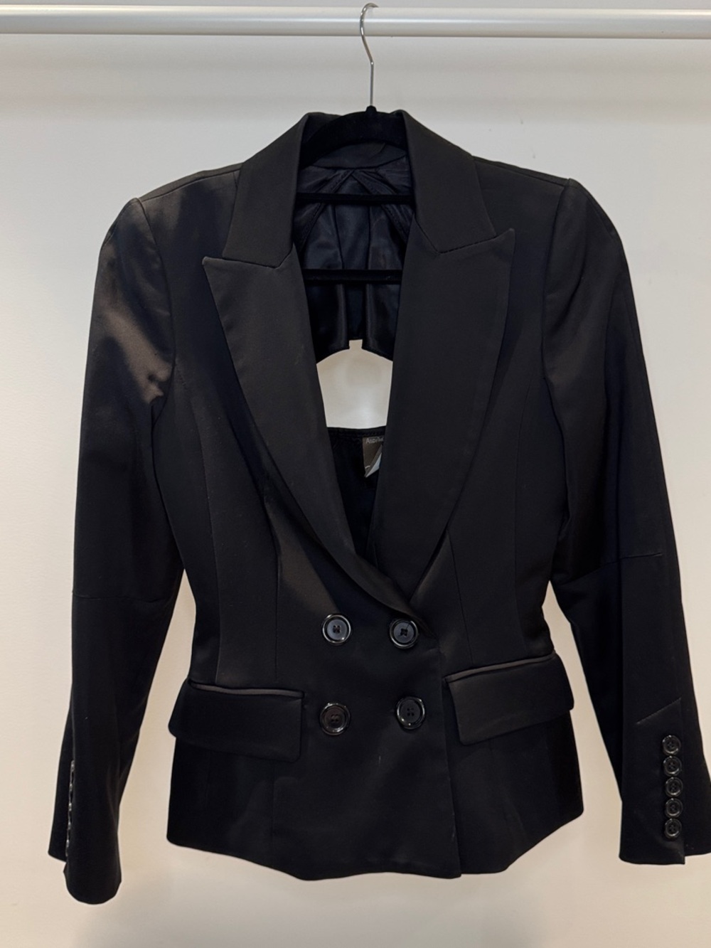 Women's Black Double-Breasted Satin-Trim Blazer